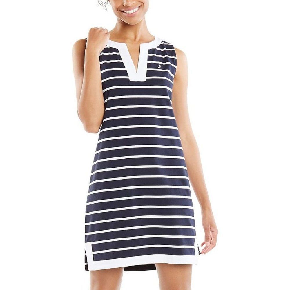 Nautica Women's Navy and White Breton Stripes Sleeveless V-Neck Stretch Cotton P